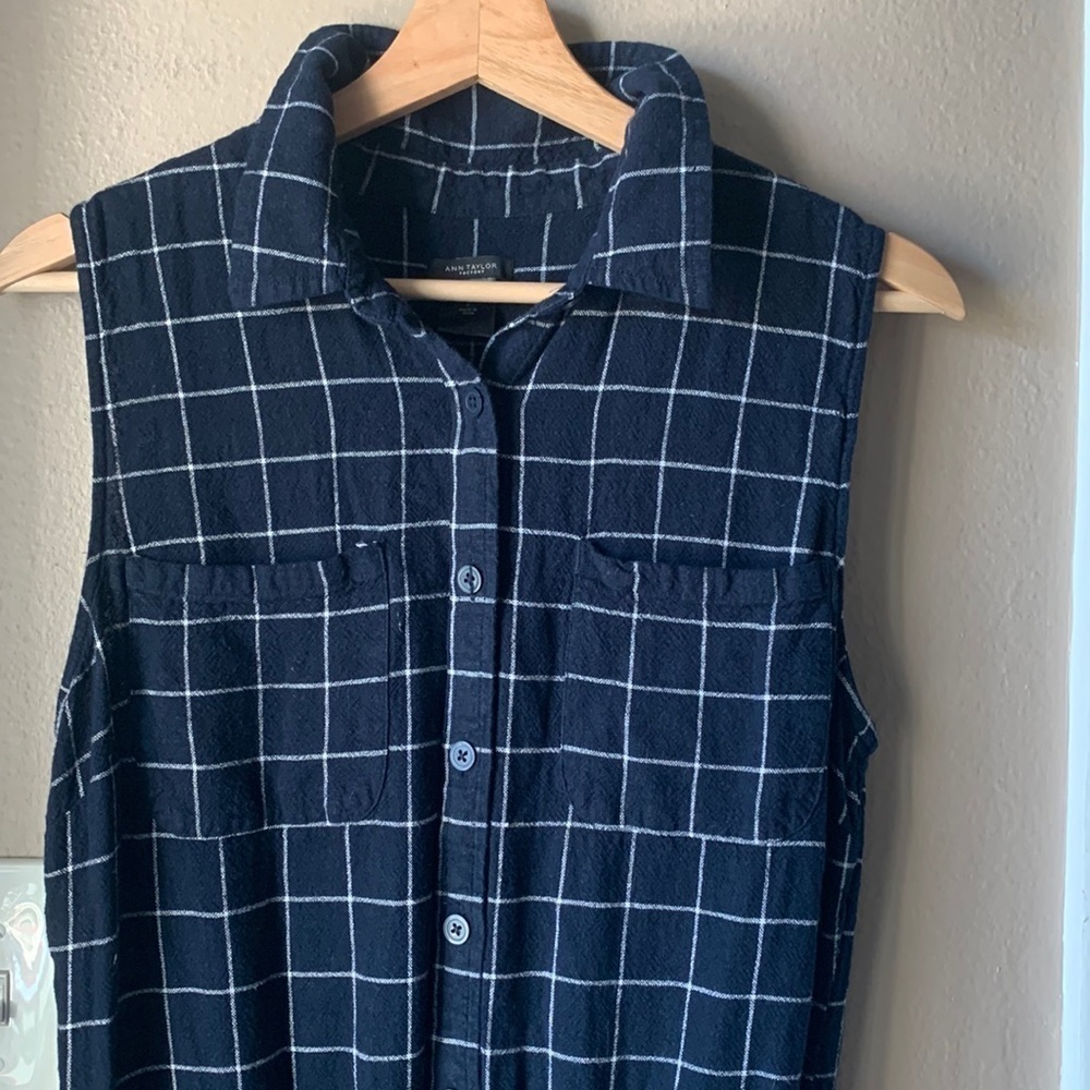 ANN TAYLOR FACTORY Navy Blue and White Plaid Print Sleeveless Romper
